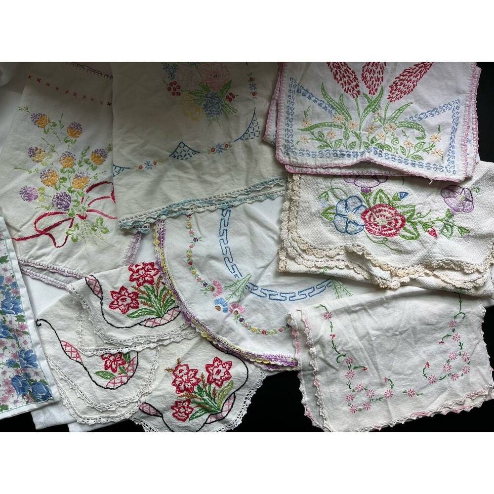 Vintage Embroidered Linen Lot Cottage grandma Decor